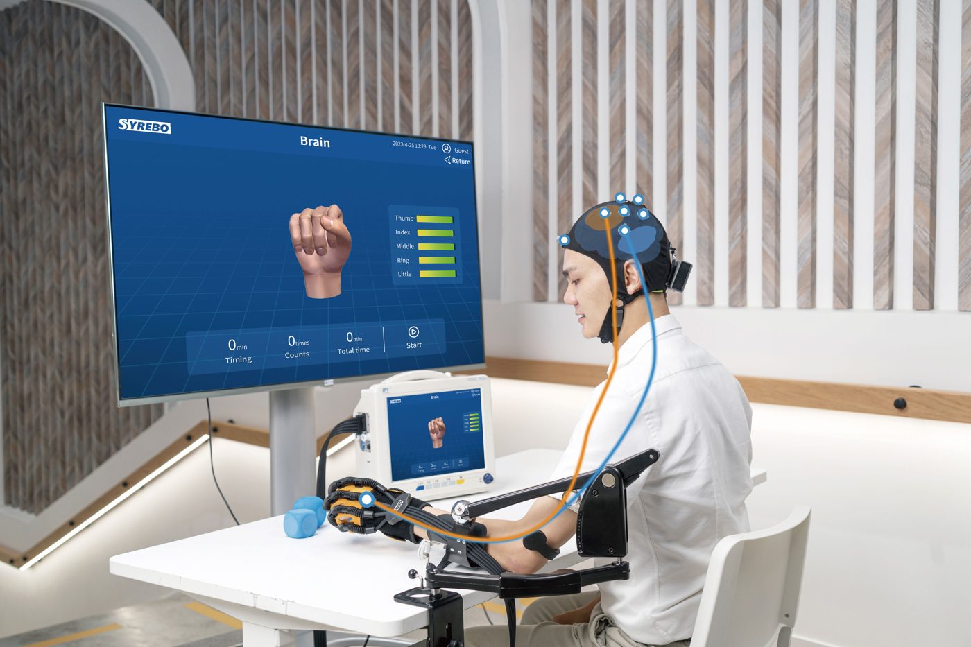 Illustrative Syrebo hand rehabilitation product for a BCI-assisted training workflow